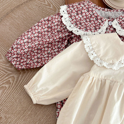 [Autumn New Arrival] Round-collared Solid Color or Floral Romper with Hat - 2 Colors A0242