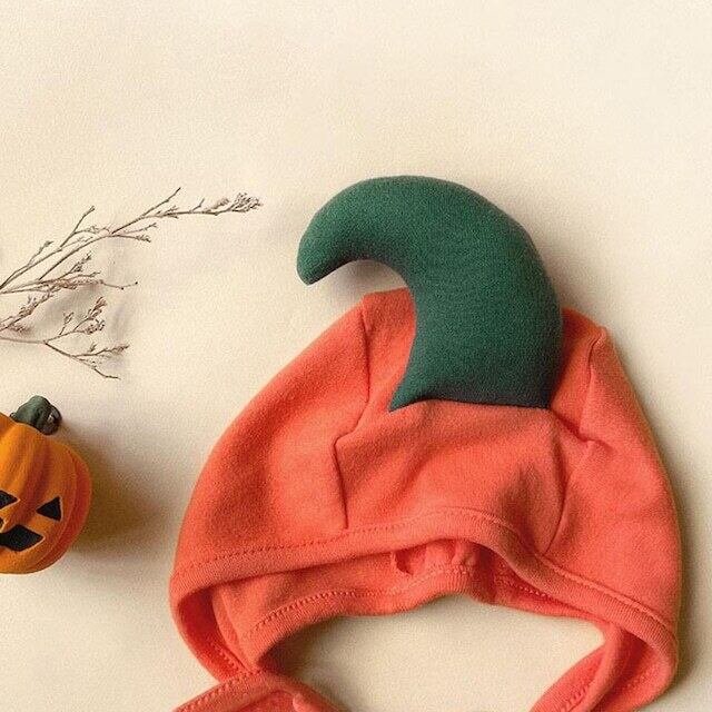 【秋新作】ハロウィーン　帽子付きかぼちゃロゴロンパース A0835