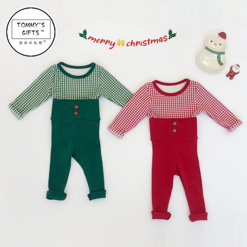 【秋新作】クリスマス帽子付チェックトップス＆レギンス3点セット　全2色 A0486