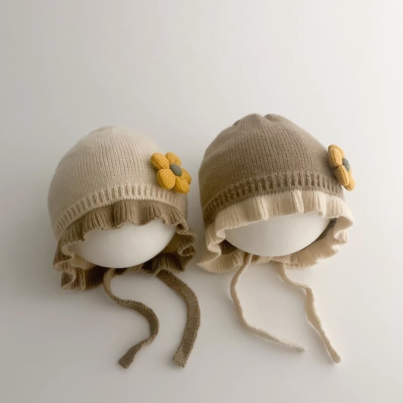 【HAT】フラワー付きフリルニット帽子 C0031