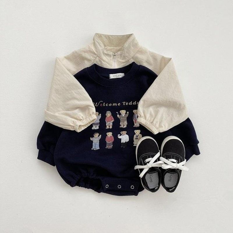 [66-90] Autumn New Korean Style Cute Bear Print Long-Sleeve Romper A0425