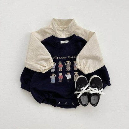 [66-90] Autumn New Korean Style Cute Bear Print Long-Sleeve Romper A0425