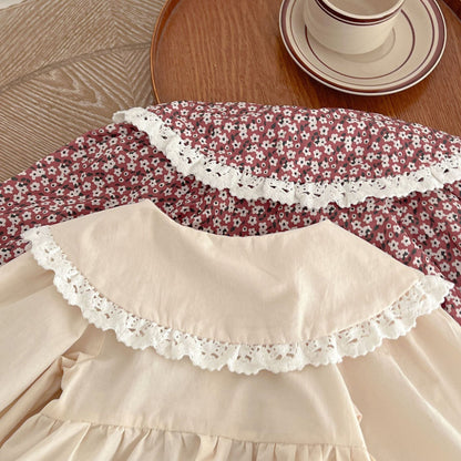 [Autumn New Arrival] Round-collared Solid Color or Floral Romper with Hat - 2 Colors A0242