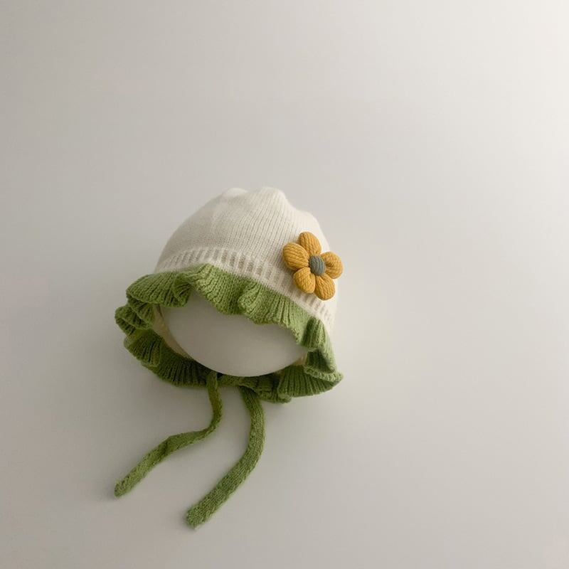 【HAT】フラワー付きフリルニット帽子 C0031