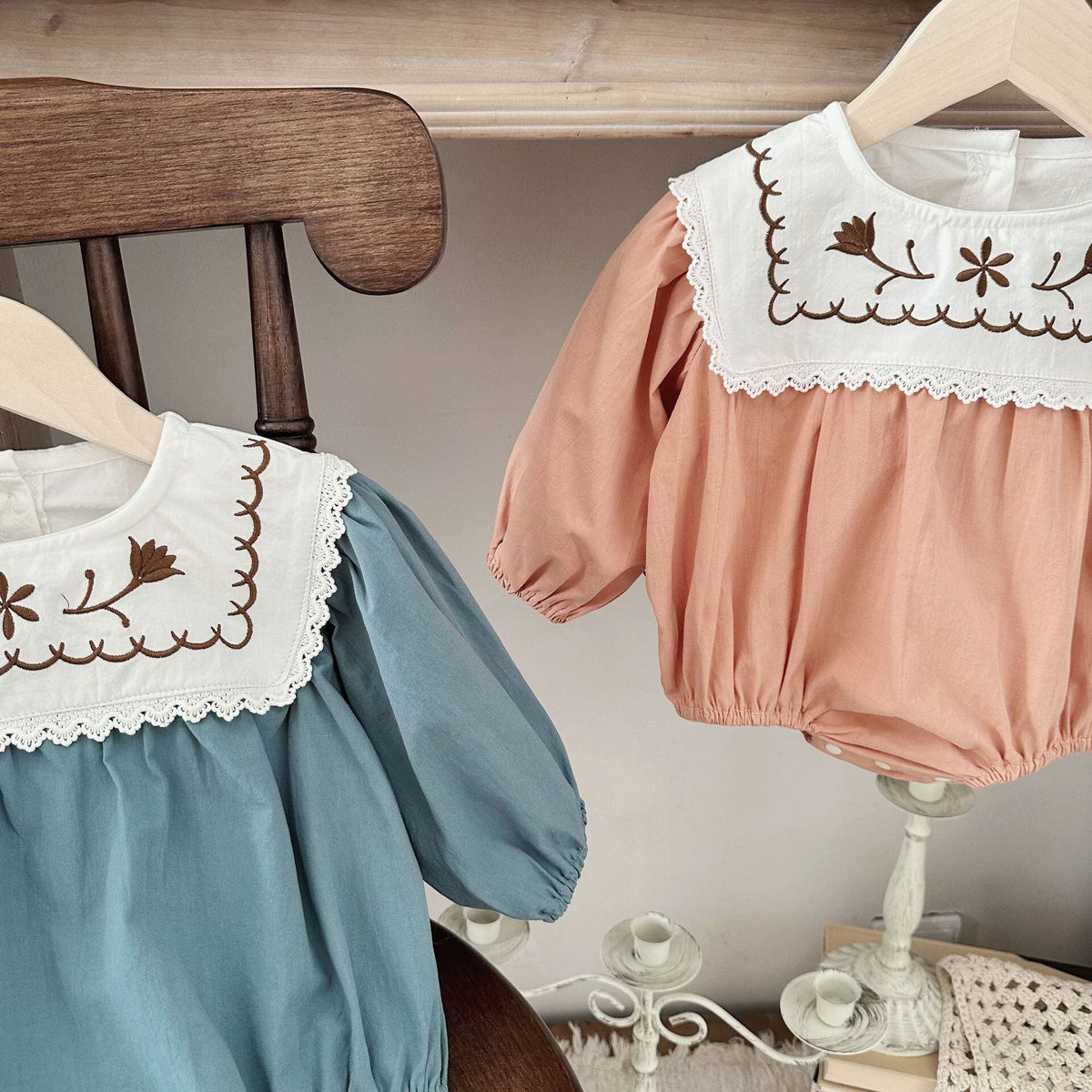 Fall Collection: Square Collar Embroidered Romper (2 Colors) A0869