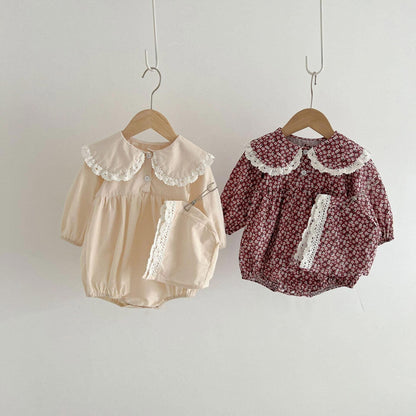 [Autumn New Arrival] Round-collared Solid Color or Floral Romper with Hat - 2 Colors A0242