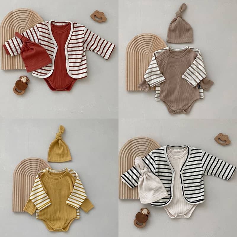 【秋新作】帽子付シンプルロンパースORボーダーカーディガン　全4色 A0715