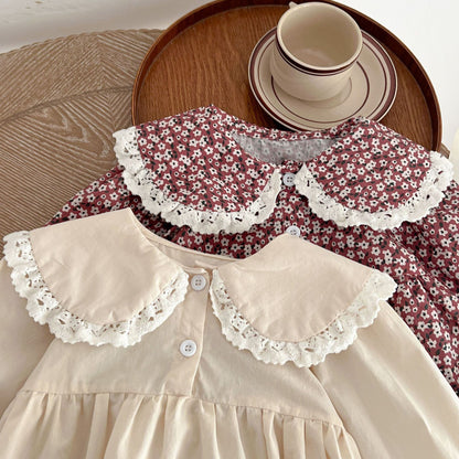[Autumn New Arrival] Round-collared Solid Color or Floral Romper with Hat - 2 Colors A0242