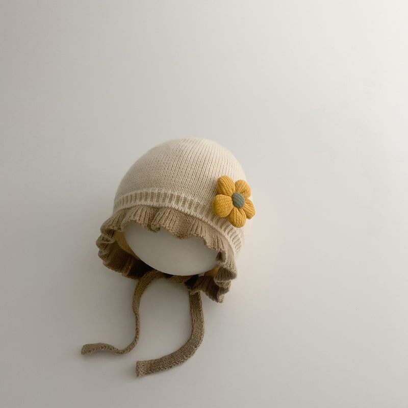 【HAT】フラワー付きフリルニット帽子 C0031