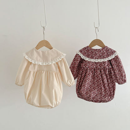 [Autumn New Arrival] Round-collared Solid Color or Floral Romper with Hat - 2 Colors A0242