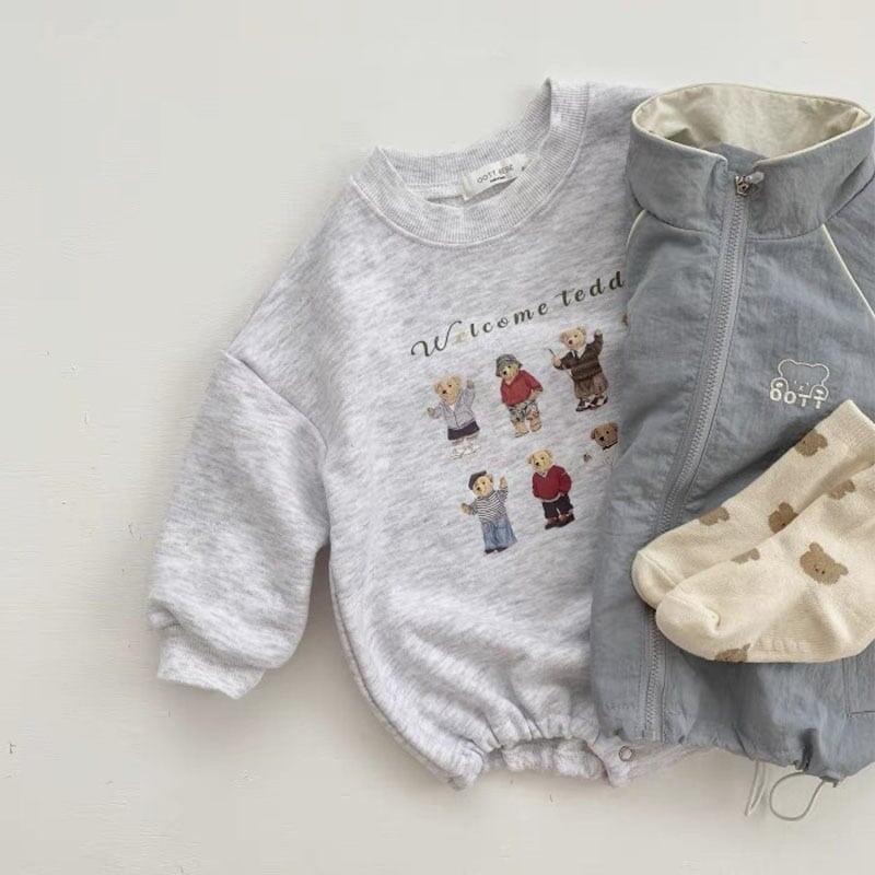 [66-90] Autumn New Korean Style Cute Bear Print Long-Sleeve Romper A0425