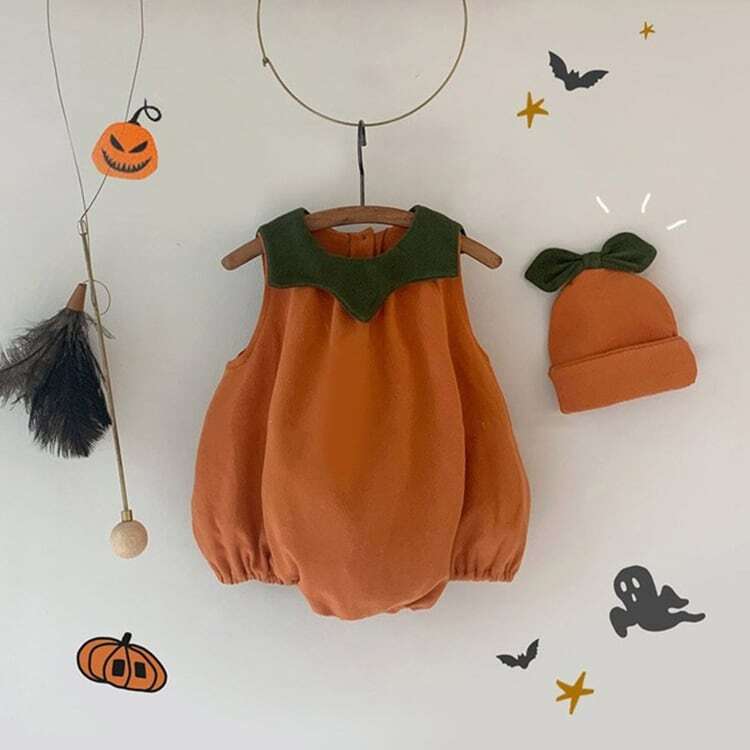 【秋新作】帽子付きハロウィンカボチャ形ノースリーブロンパース A0780