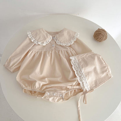 [Autumn New Arrival] Round-collared Solid Color or Floral Romper with Hat - 2 Colors A0242