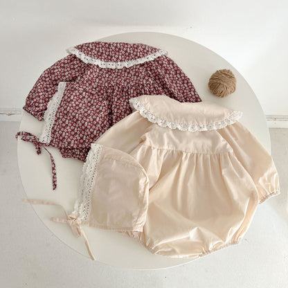 [Autumn New Arrival] Round-collared Solid Color or Floral Romper with Hat - 2 Colors A0242
