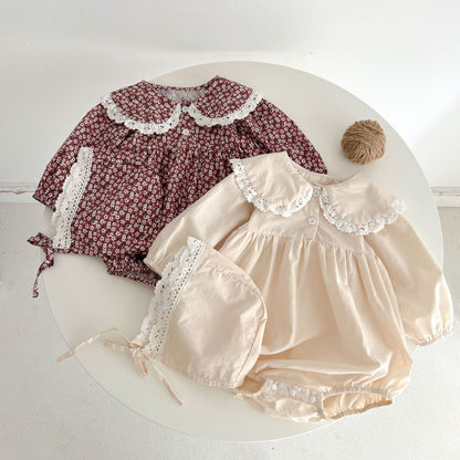 [Autumn New Arrival] Round-collared Solid Color or Floral Romper with Hat - 2 Colors A0242