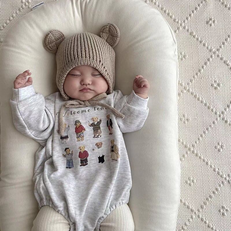 [66-90] Autumn New Korean Style Cute Bear Print Long-Sleeve Romper A0425