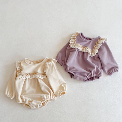 【秋新作】帽子付き　レースフリル長袖ロンパース　全2色 A1109