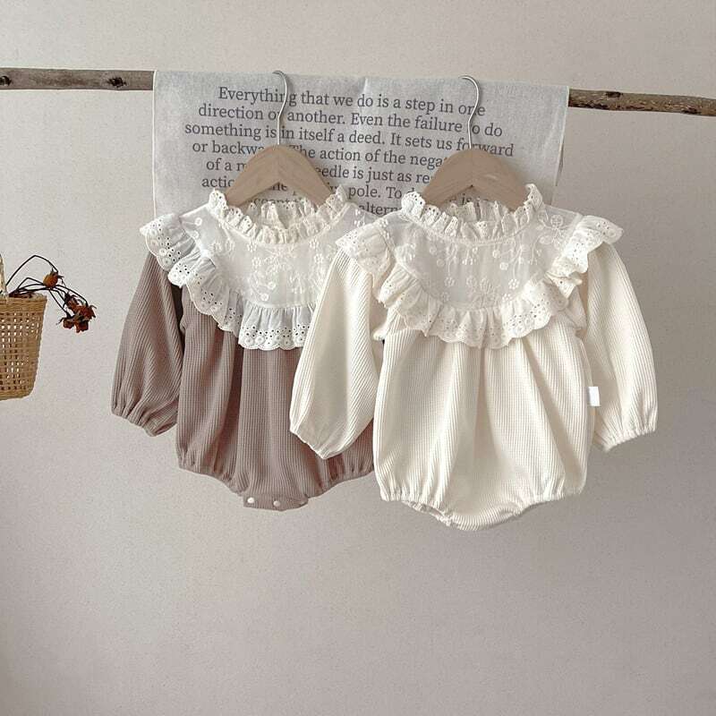 【秋新作】レースフリルワッフルスプライシングロンパース　全2色 A0811